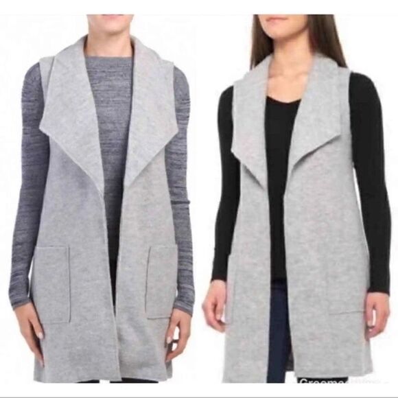 Tahari Long Open Front Grey Wool Duster Cardigan Sweater. Size Medium. - Picture 1 of 10